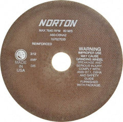 Norton - 8" 60 Grit Aluminum Oxide Cutoff Wheel - 0.035" Thick, 1-1/4" Arbor, 7,640 Max RPM, Use with Stationary Grinders - A1 Tooling