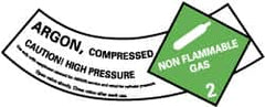 NMC - Hazardous Materials Label - Legend: Argon - Compressed - Caution! - High Pressure - Non Flammable - Gas 2, English, Green, Black & White, 5-1/4" Long x 2" High, Sign Muscle Finish - A1 Tooling