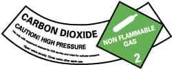 NMC - Hazardous Materials Label - Legend: Carbon Dioxide - Caution! - High Pressure - Non Flammable - Gas 2, English, Green, Black & White, 5-1/4" Long x 2" High, Sign Muscle Finish - A1 Tooling