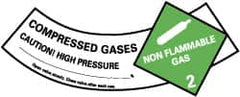 NMC - Hazardous Materials Label - Legend: Compressed Gases - Caution! - High Pressure - Non Flammable - Gas 2, English, Green, Black & White, 5-1/4" Long x 2" High, Sign Muscle Finish - A1 Tooling