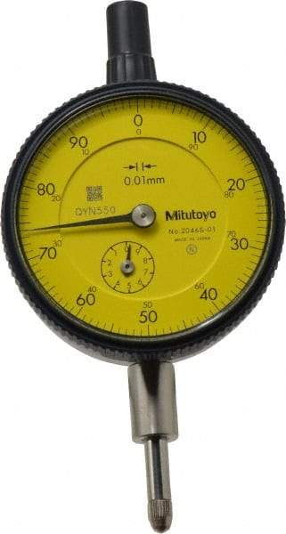 Mitutoyo - 10mm Range, 0-100 Dial Reading, 0.01mm Graduation Dial Drop Indicator - 2-3/16" Dial, 1mm Range per Revolution, 0.013mm Accuracy, Revolution Counter - A1 Tooling