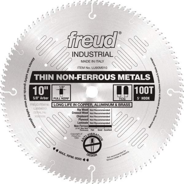 Freud - 10" Diam, 5/8" Arbor Hole Diam, 100 Tooth Wet & Dry Cut Saw Blade - Carbide-Tipped, Standard Round Arbor - A1 Tooling