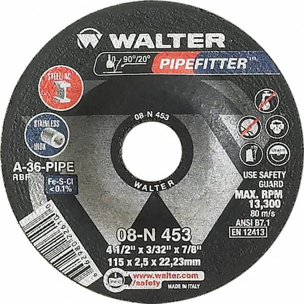 WALTER Surface Technologies - 36 Grit, 4-1/2" Wheel Diam, 3/32" Wheel Thickness, 7/8" Arbor Hole, Type 27 Depressed Center Wheel - Aluminum Oxide/Silicon Carbide Blend, Resinoid Bond, 13,300 Max RPM - A1 Tooling