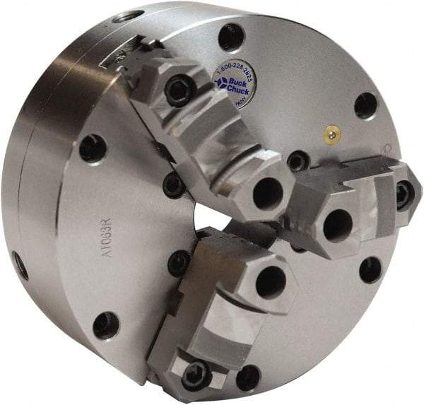 Buck Chuck Company - 3 Jaws, 12" Diam, Self Centering Manual Lathe Chuck - Plain Back Mount Spindle, Adjustable, Reversible, 1,500 Max RPM, 4-1/16" Through Hole Diam, Cast Iron - A1 Tooling