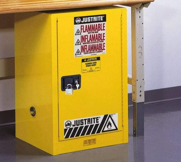 Justrite - 1 Door, 1 Shelf, Yellow Steel Space Saver Safety Cabinet for Flammable and Combustible Liquids - 35" High x 23-1/4" Wide x 18" Deep, Self Closing Door, 12 Gal Capacity - A1 Tooling