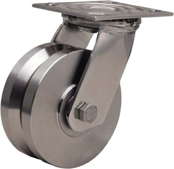 Hamilton - 5" Diam x 2" Wide, Stainless Steel Swivel Caster - 800 Lb Capacity, Top Plate Mount, 3-3/4" x 4-1/2" Plate, Delrin Bearing - A1 Tooling