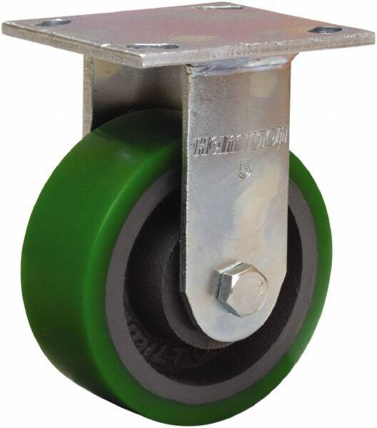 Hamilton - 5" Diam x 2" Wide x 6-1/2" OAH Top Plate Mount Rigid Caster - Polyurethane Mold onto Cast Iron Center, 900 Lb Capacity, Sealed Precision Ball Bearing, 4 x 4-1/2" Plate - A1 Tooling