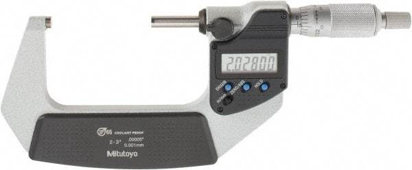 Mitutoyo - 2 to 3 Inch Range, 0.0001 Inch Resolution, Standard Throat, IP65 Electronic Outside Micrometer - 0.0001 Inch Accuracy, Ratchet Stop Thimble, Carbide Face, SR44 Battery, Includes Plastic Case - A1 Tooling