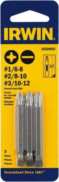 Irwin - 3 Piece, 1/4" Drive Screwdriver Double End Bit Set - #1 to #3 Phillips, 0.05 to 1/4" Hex, 1.27 to 10mm Hex - A1 Tooling