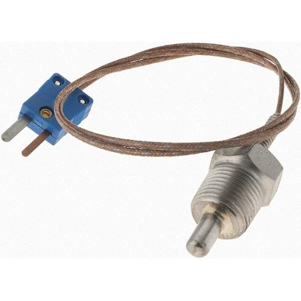 Thermo Electric - 0 to 700°F, T Pipe Plug, Thermocouple Probe - 5 Ft. Cable Length, Mini Connector, 1/2 Inch Probe Sheath Length, 6 Sec Response Time - A1 Tooling