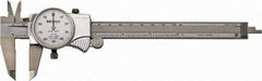 Mitutoyo - 0" to 6" Range, 0.001" Graduation, 0.1" per Revolution, Dial Caliper - White Face, 1-9/16" Jaw Length, Accurate to 0.0010" - A1 Tooling