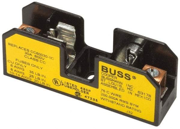 Cooper Bussmann - 2 Pole, 10 to 14 AWG, 600 VAC/VDC, 15 Amp, DIN Rail Mount Fuse Block - 3 Inch Long x 1.63 Inch Wide x 1.22 Inch High Block - A1 Tooling