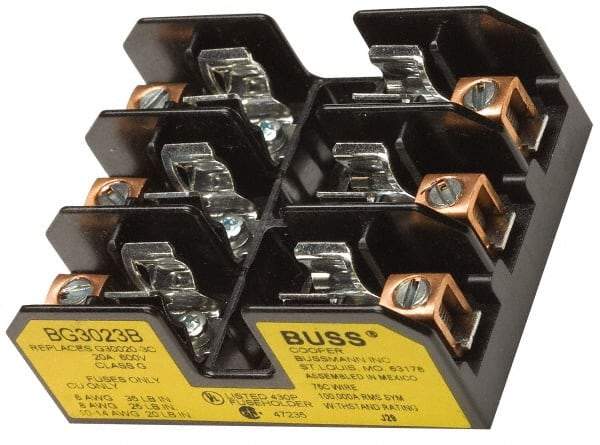 Cooper Bussmann - 3 Pole, 14 to 6 AWG, 480 VAC/VDC, 30 Amp, DIN Rail Mount Fuse Block - 3 Inch Long x 2.38 Inch Wide x 1.22 Inch High Block - A1 Tooling