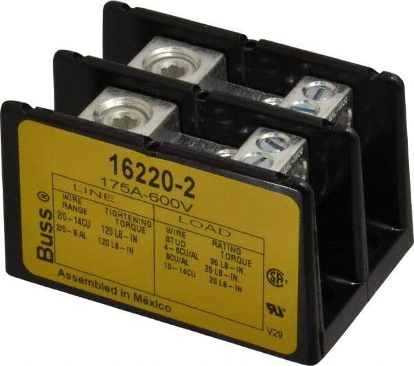 Cooper Bussmann - 2 Poles, 175 Amp, 8-2/0 AWG (Al), 14-2/0 AWG (Cu) Primary, 4-14 AWG (Cu), 4-8 AWG (Al) Secondary, Thermoplastic Power Distribution Block - 600 VAC/VDC, 1 Primary Connection, 3.58 Inch Long x 3.32 Inch Deep x 4 Inch High - A1 Tooling