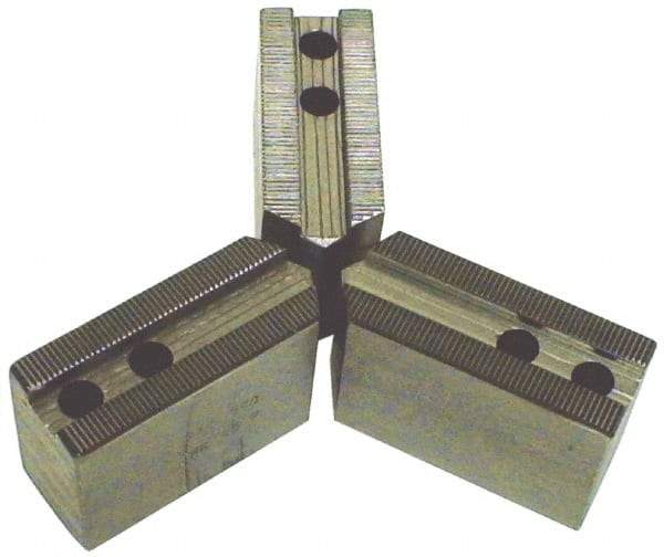 H & R Manufacturing - 4" Chuck Capacity, 1.5mm x 60° Serrated Attachment, Square Soft Lathe Chuck Jaw - 3 Jaws, Steel, 0.6" Btw Mount Hole Ctrs, 2" Long x 1" Wide x 1" High, 0.316" Groove, 5mm Fastener - A1 Tooling