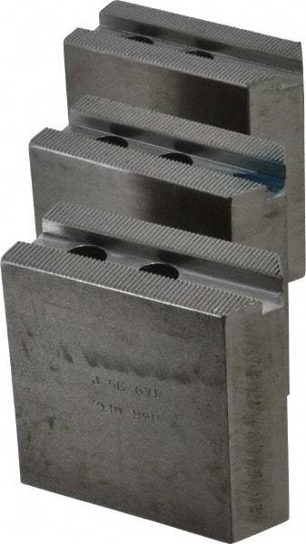 H & R Manufacturing - 1.5mm x 60° Serrated Attachment, Square Soft Lathe Chuck Jaw - 3 Jaws, Steel, 1" Btw Mount Hole Ctrs, 3-1/2" Long x 1-1/2" Wide x 3-1/2" High, 0.551" Groove, 12mm Fastener - A1 Tooling