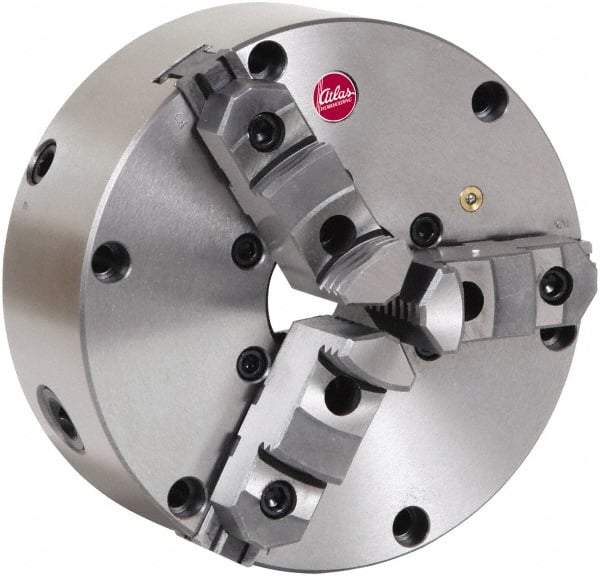 Atlas Workholding - 3 Jaws, 12" Diam, Self Centering Manual Lathe Chuck - Plain Back Mount Spindle, Adjustable, Reversible, 2,000 Max RPM, 3.285" Through Hole Diam, Cast Iron - A1 Tooling