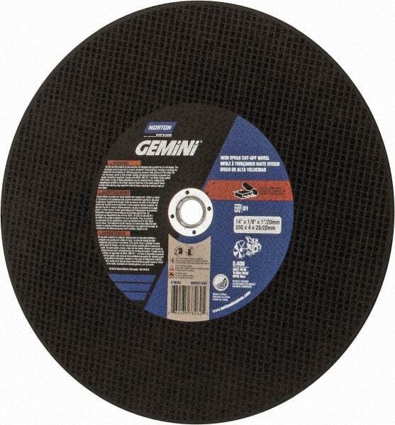 Norton - 14" Aluminum Oxide Cutoff Wheel - 1/8" Thick, 20mm Arbor, 5,400 Max RPM, Use with Angle Grinders - A1 Tooling