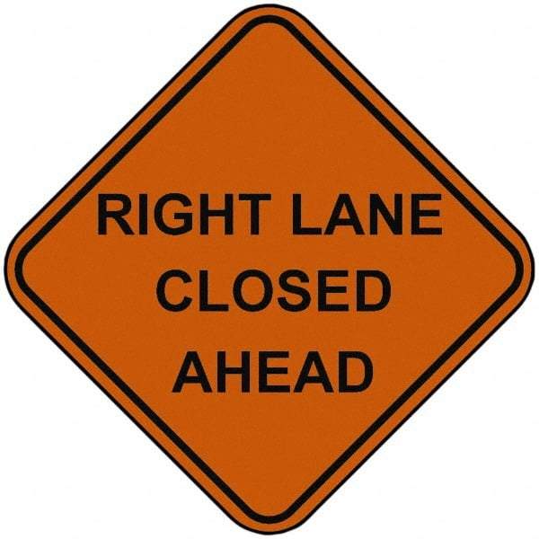 PRO-SAFE - "Right Lane Closed Ahead", 48" Wide x 48" High, Nylon Construction Roadway Signs - Orange, Square, Sign Stand Mount - A1 Tooling