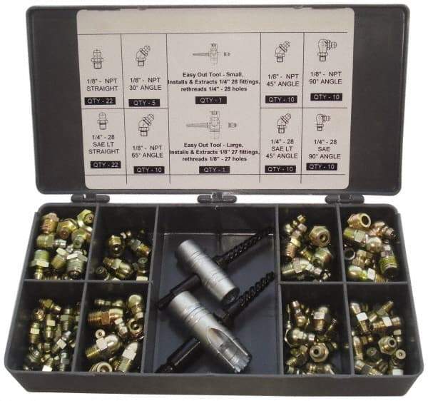 PRO-LUBE - 101 Piece, Inch, Box Plastic Steel Grease Fitting Set - Includes PTF, UNF Thread Types, Includes 1/4-28 SAE-LT: (22) Straight, (10) 45°, (10) 90°, 1/8-27 PTF: (22) Straight, (5) 30°, (10) 45°, (10) 65°, (10) 90° - A1 Tooling