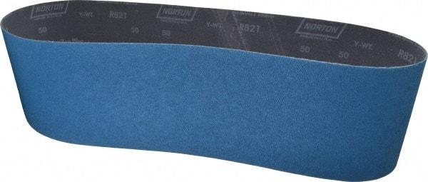 Norton - 6" Wide x 48" OAL, 50 Grit, Zirconia Alumina Abrasive Belt - Zirconia Alumina, Coarse, Coated, Y Weighted Cloth Backing, Dry, Series R821 - A1 Tooling