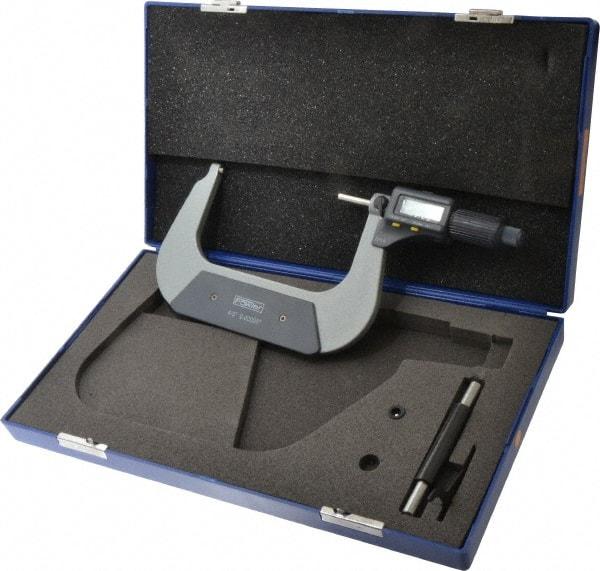 Fowler - 4 to 5 Inch Range, 0.0001 Inch Resolution, Standard Throat, IP54 Electronic Outside Micrometer - 0.0002 Inch Accuracy, Friction Thimble, 357 Battery, Data Output, Includes Case and Wrench - A1 Tooling