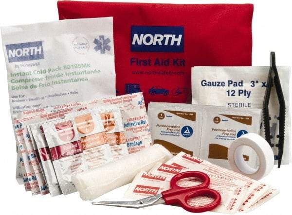 North - 39 Piece, 10 Person, Multipurpose/Auto/Travel First Aid Kit - 4-1/2" Wide x 1-1/2" Deep x 7" High, Nylon Bag - A1 Tooling