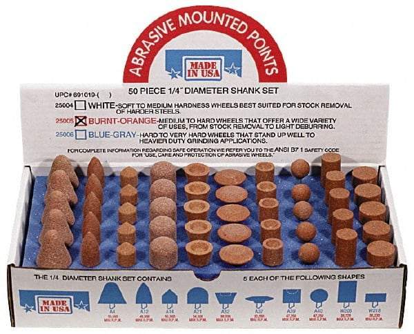 Made in USA - 50 Piece Aluminum Oxide Vitrified Mounted Stone Abrasive Point Set - Includes Shapes A4, A12, A14, A21, A32, A37, A39, A40, W206 & W218 - A1 Tooling