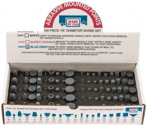 Made in USA - 100 Piece Aluminum Oxide Vitrified Mounted Stone Abrasive Point Set - Includes Shapes B42, B45, B52, B81, B91, B97, B102, B122, B136, W144, W146, W152, W160, W163, W167, W175, W176, W185, W200 & W215 - A1 Tooling