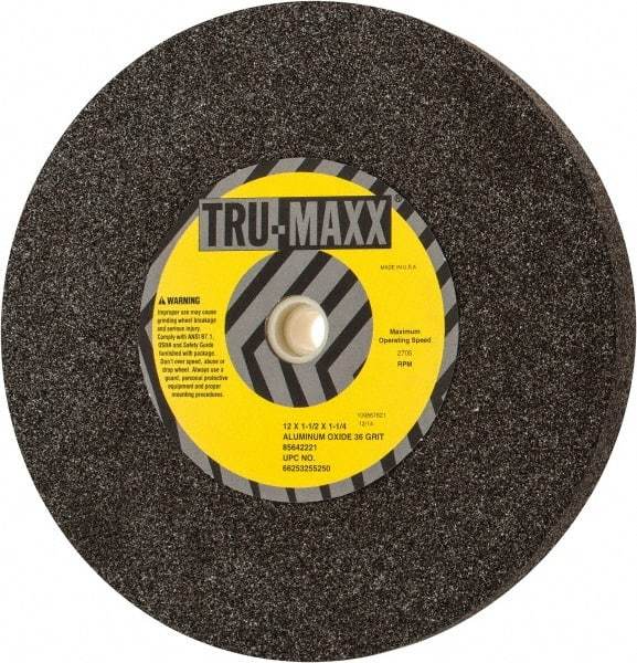 Tru-Maxx - 36 Grit Aluminum Oxide Bench & Pedestal Grinding Wheel - 12" Diam x 1-1/4" Hole x 1-1/2" Thick, 2705 Max RPM, P Hardness, Very Coarse Grade , Vitrified Bond - A1 Tooling