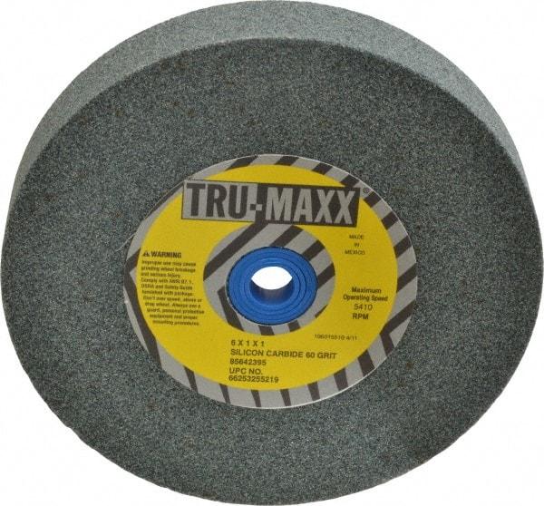 Tru-Maxx - 60 Grit Silicon Carbide Bench & Pedestal Grinding Wheel - 6" Diam x 1" Hole x 1" Thick, 5410 Max RPM, K Hardness, Medium Grade , Vitrified Bond - A1 Tooling