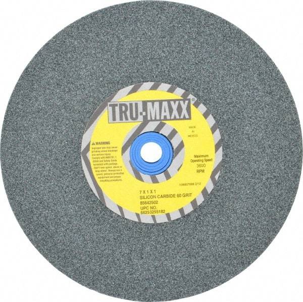 Tru-Maxx - 60 Grit Silicon Carbide Bench & Pedestal Grinding Wheel - 7" Diam x 1" Hole x 1" Thick, 3600 Max RPM, K Hardness, Medium Grade , Vitrified Bond - A1 Tooling