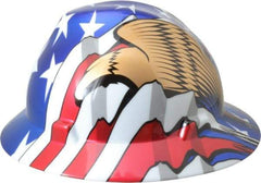 MSA - ANSI Type I, Class E Rated, 8-Point, Ratchet Adjustment Hard Hat - Size 6-1/2 to 8, Colored Graphics, Full Brim, American Flag with Eagles - A1 Tooling