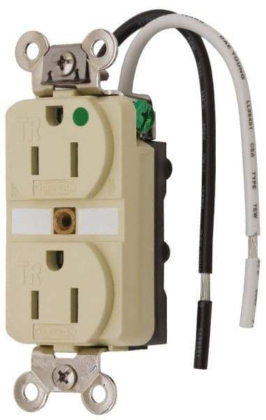 Hubbell Wiring Device-Kellems - 125 VAC, 15 Amp, 5-15R NEMA Configuration, Ivory, Hospital Grade, Self Grounding Duplex Receptacle - 1 Phase, 2 Poles, 3 Wire, Flush Mount, Chemical, Corrosion and Impact Resistant, Tamper Resistant - A1 Tooling