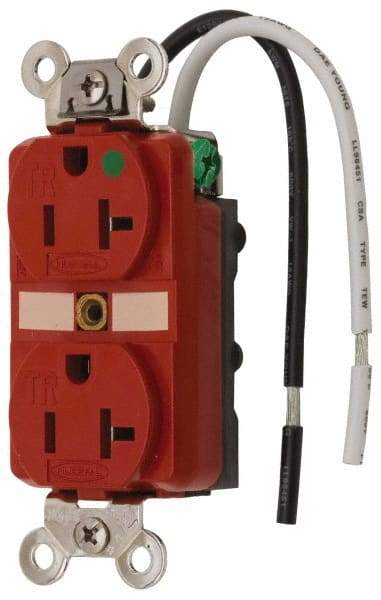 Hubbell Wiring Device-Kellems - 125 VAC, 20 Amp, 5-20R NEMA Configuration, Red, Hospital Grade, Self Grounding Duplex Receptacle - 1 Phase, 2 Poles, 3 Wire, Flush Mount, Chemical, Corrosion and Impact Resistant, Tamper Resistant - A1 Tooling