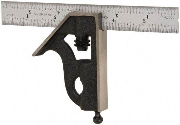 Starrett - 2 Piece, 6" Combination Square Set - 1/100, 1/32, 1/50 & 1/64" (16R) Graduation, Steel Blade, Cast Iron Square Head - A1 Tooling