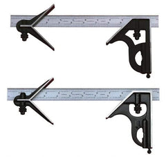 Starrett - 3 Piece, 18" Combination Square Set - 1/100, 1/32, 1/50 & 1/64" (16R) Graduation, Steel Blade, Cast Iron Center & Square Head - A1 Tooling