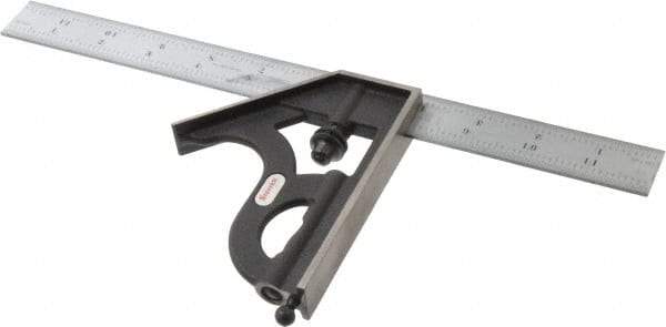 Starrett - 2 Piece, 12" Combination Square Set - 1/100, 1/32, 1/50 & 1/64" (16R) Graduation, Steel Blade, Cast Iron Square Head - A1 Tooling