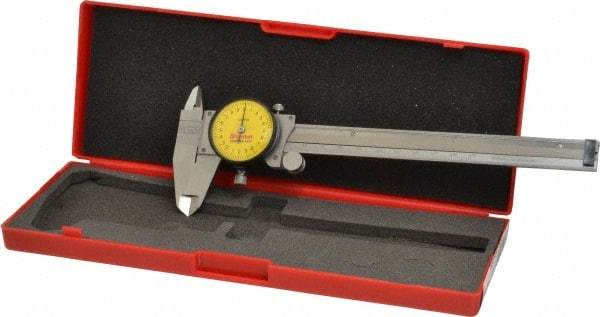 Starrett - 0mm to 150mm Range, 0.02 mm Graduation, 2mm per Revolution, Dial Caliper - Yellow Face, 1-1/2" Jaw Length, Accurate to 0.03mm - A1 Tooling