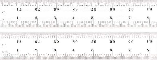 Starrett - 72" Long, 1/100, 1/64, 1/50, 1/32" Graduation, Rigid Spring Steel Rule - 16R Graduation Style, 1-1/2" Wide, Silver, Satin Chrome Finish - A1 Tooling