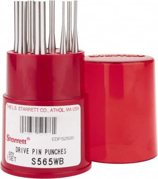 Starrett - 8 Piece, 1/16 to 5/16", Pin Punch Set - Round Shank, Comes in Round Container - A1 Tooling