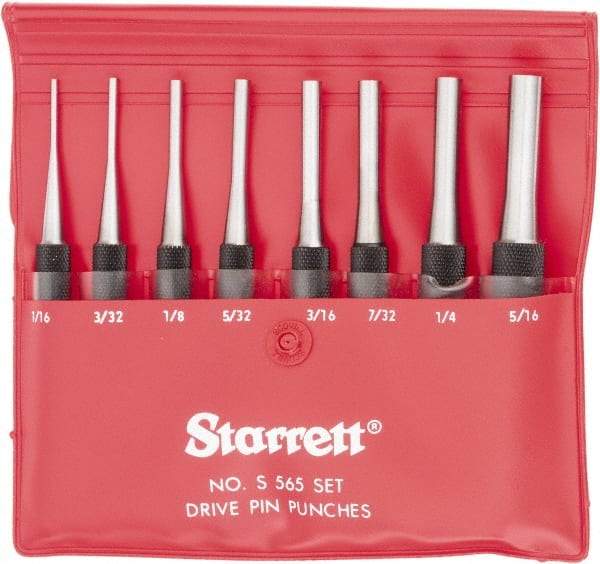 Starrett - 8 Piece, 1/16 to 5/16", Pin Punch Set - Round Shank, Comes in Vinyl Pouch - A1 Tooling