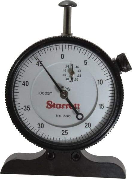 Starrett - 0 to 1/2 Inch Range, White Dial Depth Gage - 0.0005 Inch Graduation, 2-1/2 Inch Base Measuring Length - A1 Tooling