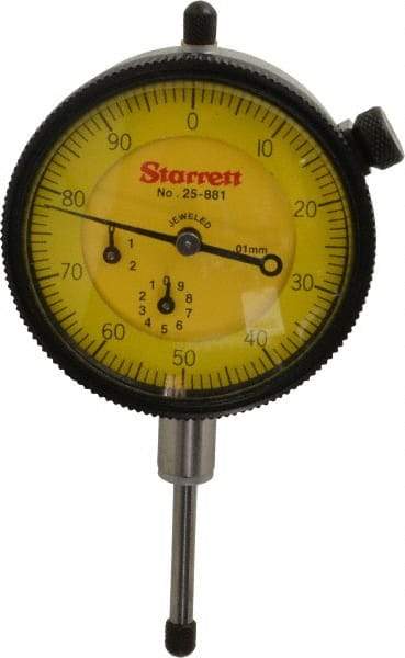 Starrett - 25mm Range, 0-100 Dial Reading, 0.01mm Graduation Dial Drop Indicator - 2-1/4" Dial, 1mm Range per Revolution, Revolution Counter - A1 Tooling