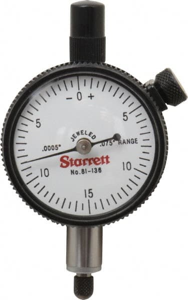 Starrett - 0.075" Range, 0-15-0 Dial Reading, 0.0005" Graduation Dial Drop Indicator - 1-11/16" Dial, 0.03" Range per Revolution, Revolution Counter - A1 Tooling