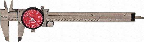 Starrett - 0" to 6" Range, 0.001" Graduation, 0.1" per Revolution, Dial Caliper - Red Face, 1-1/2" Jaw Length, Accurate to 0.0010" - A1 Tooling