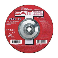 Sait - 24 Grit, 7" Wheel Diam, 1/4" Wheel Thickness, Type 27 Depressed Center Wheel - Aluminum Oxide, Resinoid Bond, T Hardness, 8,500 Max RPM, Compatible with Angle Grinder - A1 Tooling