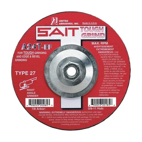 Sait - 24 Grit, 4-1/2" Wheel Diam, 1/4" Wheel Thickness, Type 27 Depressed Center Wheel - Aluminum Oxide, Resinoid Bond, T Hardness, 13,300 Max RPM, Compatible with Angle Grinder - A1 Tooling