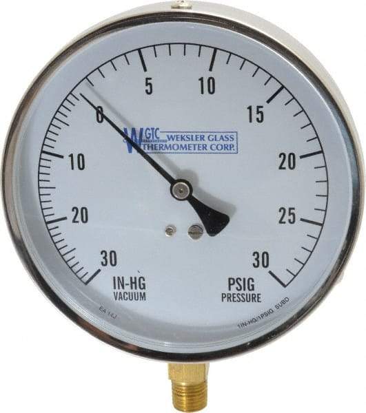 WGTC - 4-1/2" Dial, 1/4 Thread, 30-0-30 Scale Range, Pressure Gauge - Lower Connection Mount, Accurate to 1% of Scale - A1 Tooling