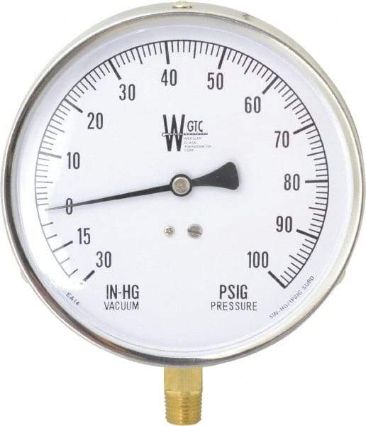 WGTC - 4-1/2" Dial, 1/4 Thread, 30-0-100 Scale Range, Pressure Gauge - Lower Connection Mount, Accurate to 1% of Scale - A1 Tooling